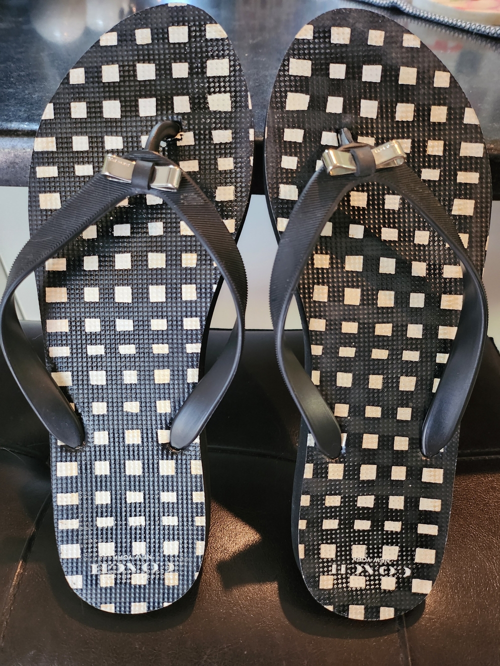 Coach Black and White Check Print Thong Sandals